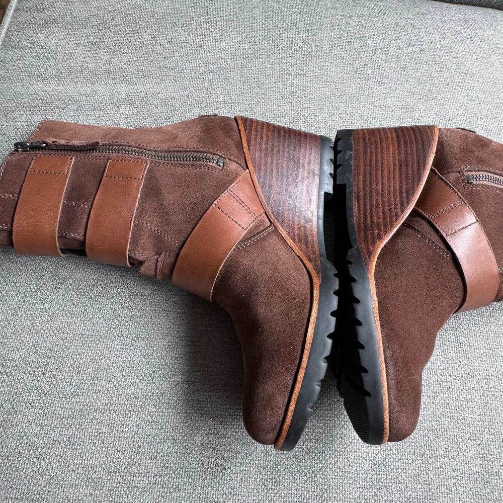 Sorel Womens After Hours Suede Wedge Booties Size 8.5 Brown Ankle Leather Straps - Picture 4 of 12